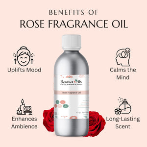 Rose fragrance oil bottle with benefits listed on a pink background