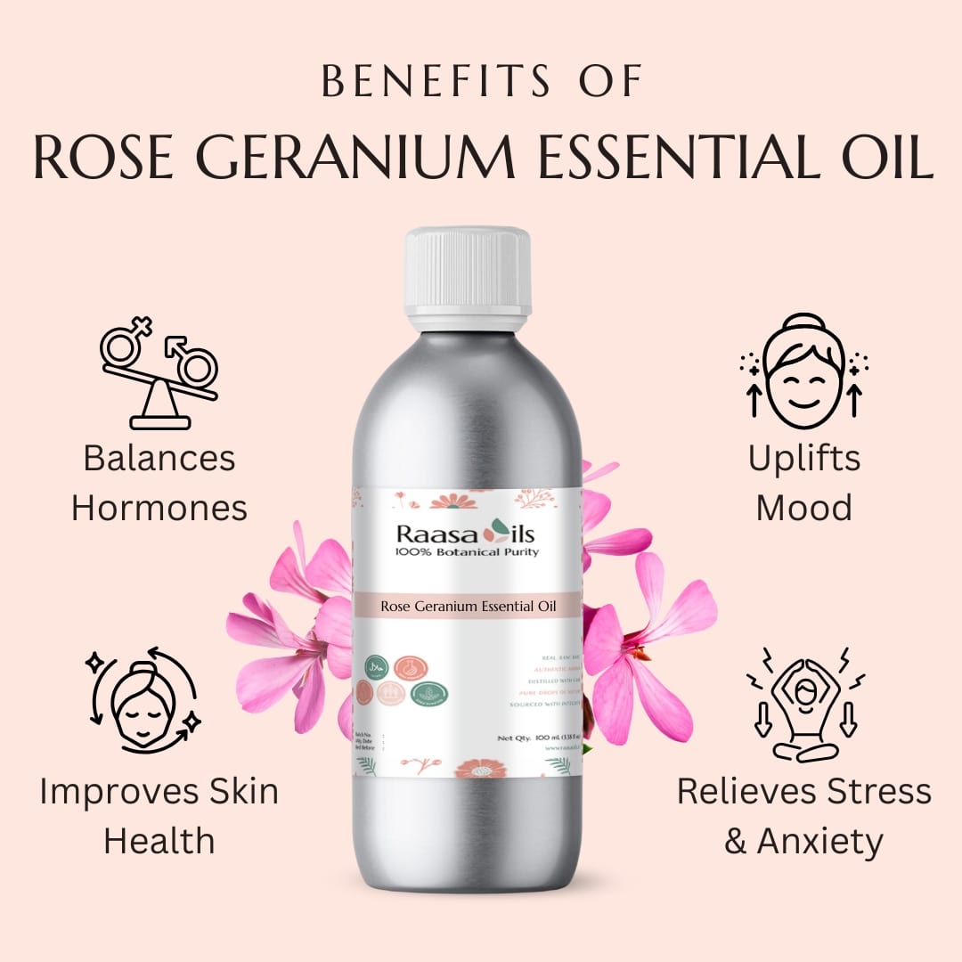 Rose Geranium essential oil bottle with benefits listed on a pink background