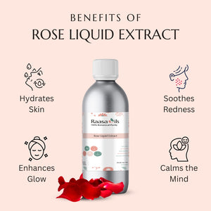 Rose liquid extract bottle with benefits listed on a pink background