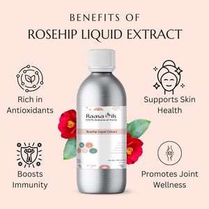 Bottle of Raasa Oils Rosehip Liquid Extract with benefits listed on a pink background