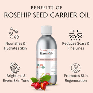 Rosehip seed carrier oil bottle with benefits listed on a beige background