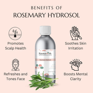 Rosemary hydrosol bottle with benefits listed on a pink background