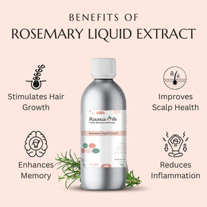 Rosemary liquid extract bottle with benefits listed on a pink background