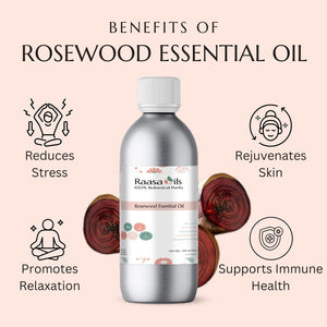 Rosewood essential oil bottle with benefits on a light pink background
