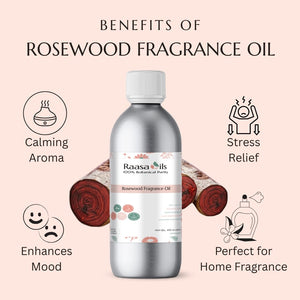 Rosewood fragrance oil bottle with benefits on a light pink background