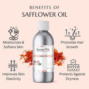 Safflower oil bottle with benefits listed on a pink background