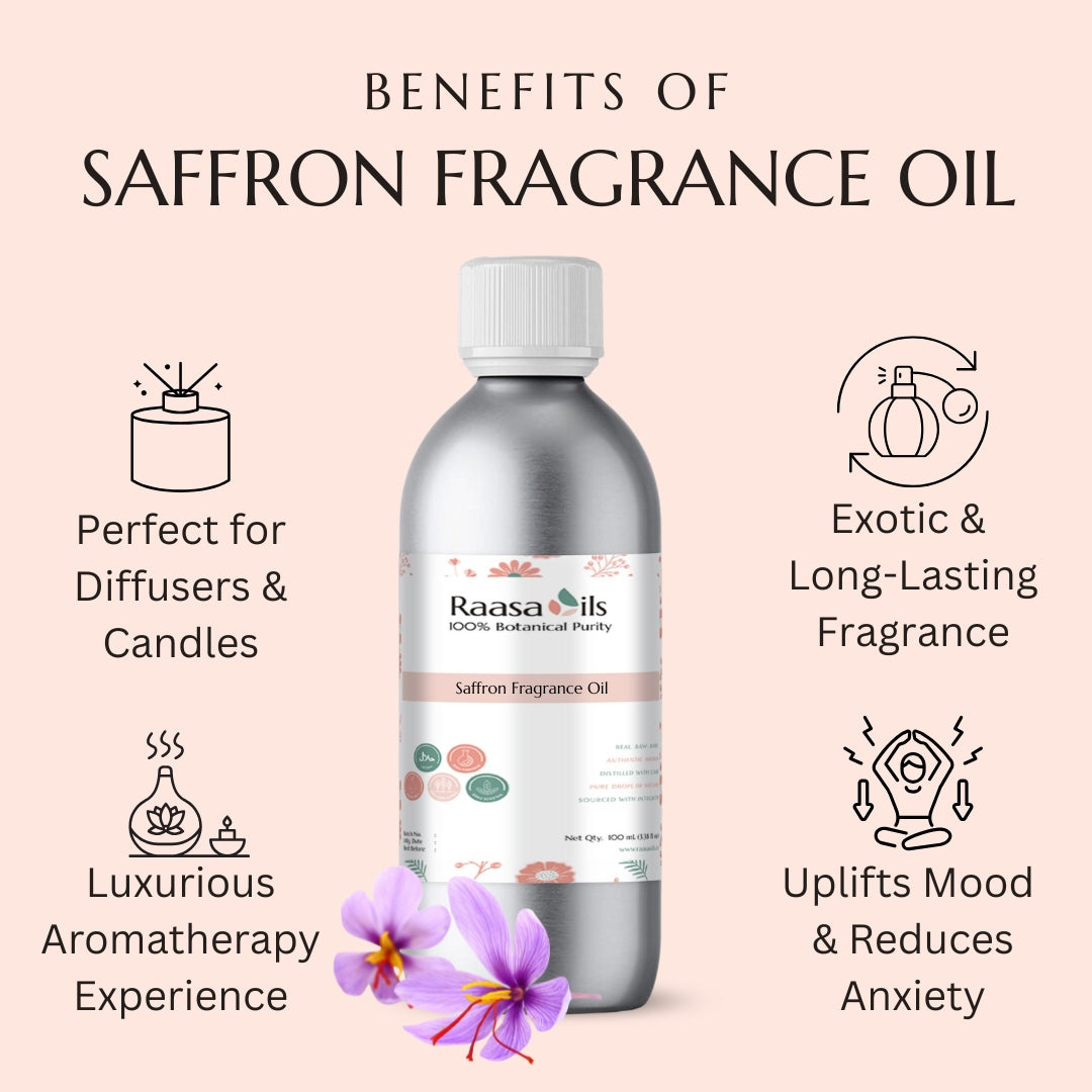 Saffron fragrance oil bottle with benefits listed on a pink background