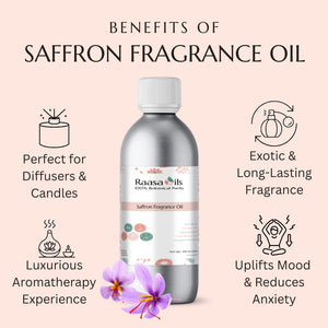 Saffron fragrance oil bottle with benefits listed on a pink background