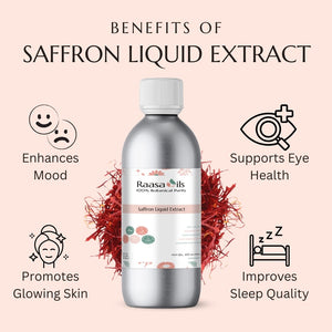 Saffron liquid extract bottle with benefits listed on a pink background