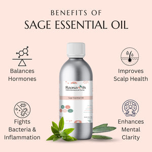 Bottle of Raasa Oils Sage Essential Oil with benefits listed on a pink background