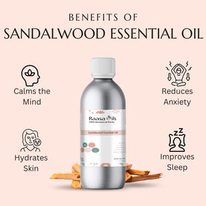 Sandalwood essential oil bottle with benefits listed on a pink background