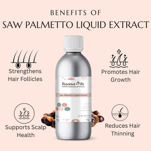 Bottle of Raasa Oils Saw Palmetto Liquid Extract with benefits listed on a beige background
