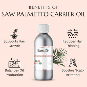 Bottle of Raasa Oils Saw Palmetto Carrier Oil with benefits listed on a pink background