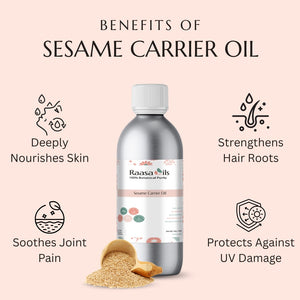 Bottle of Raasa Oils sesame carrier oil with benefits listed on a pink background