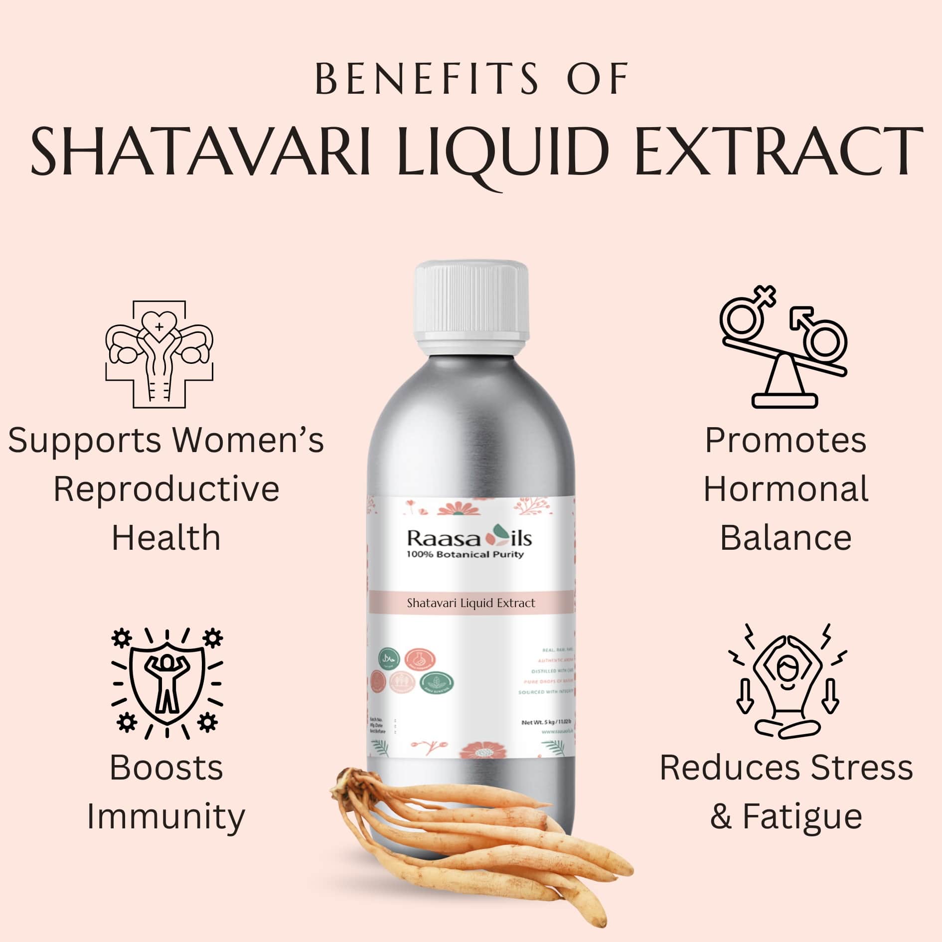 Shatavari liquid extract bottle with benefits listed on a pink background