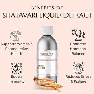 Shatavari liquid extract bottle with benefits listed on a pink background