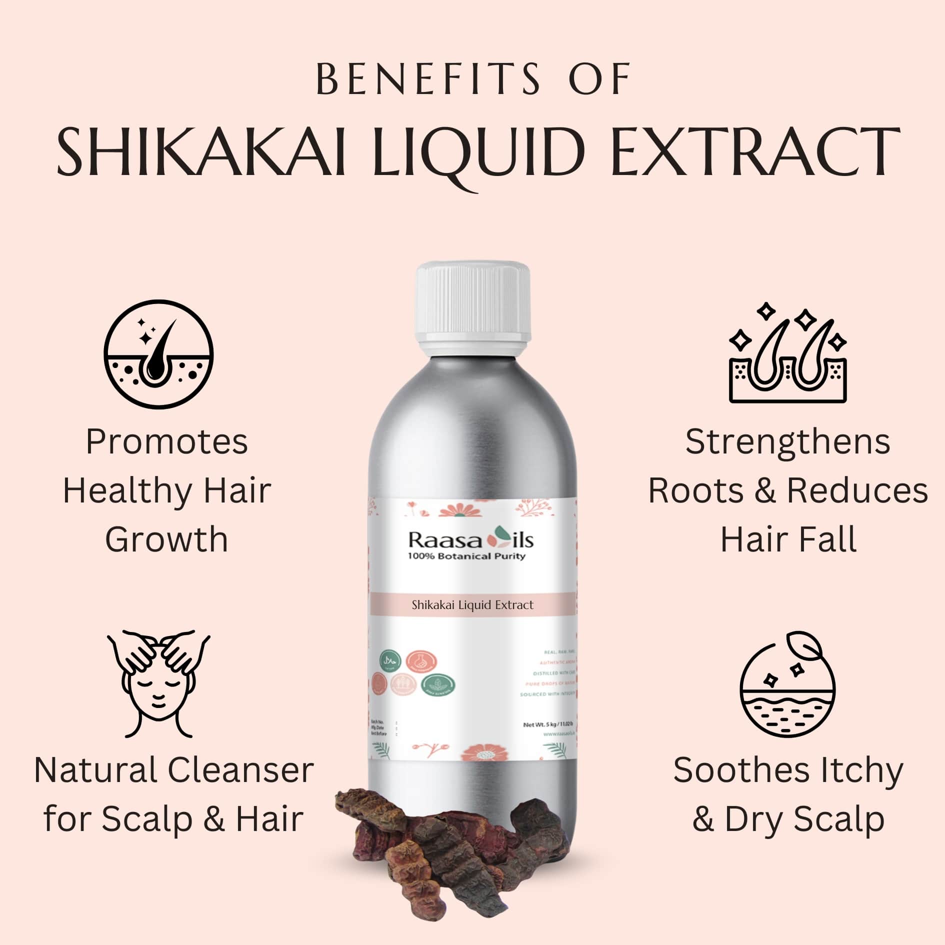 Shikakai liquid extract bottle with benefits listed on a pink background