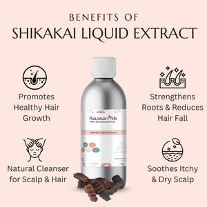 Shikakai liquid extract bottle with benefits listed on a pink background