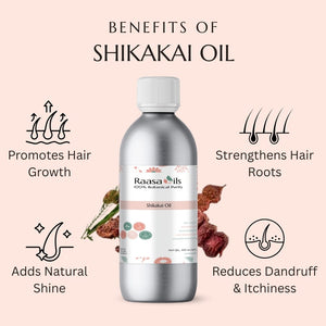 Shikakai oil bottle with benefits listed on a light pink background