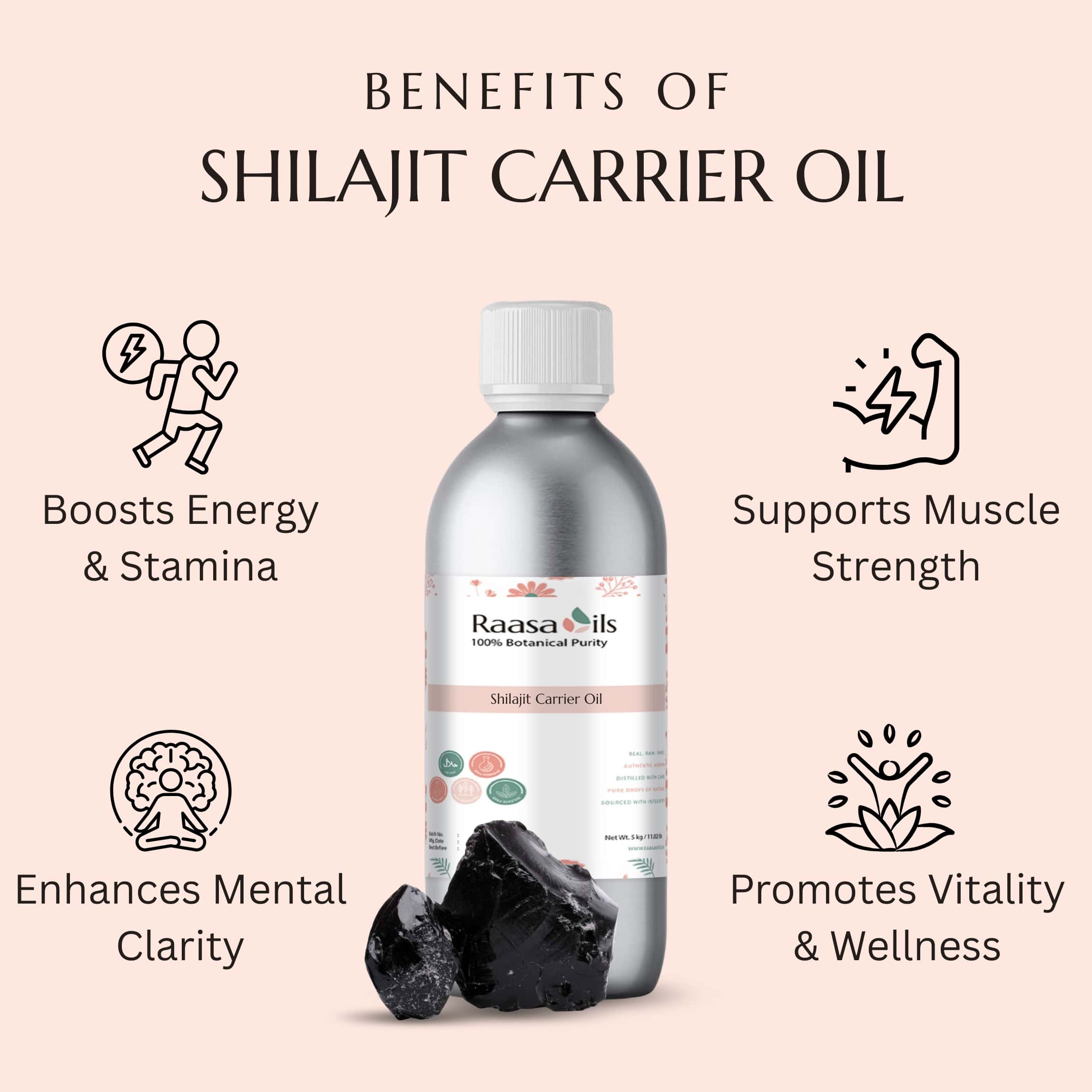 Shilajit carrier oil bottle with benefits listed on a beige background