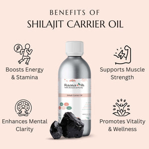Shilajit carrier oil bottle with benefits listed on a beige background