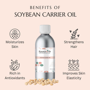 Raasa Oils soybean carrier oil bottle with benefits listed on a beige background