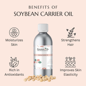 Raasa Oils soybean carrier oil bottle with benefits listed on a beige background