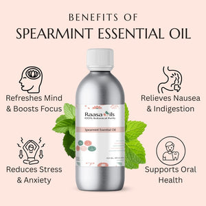 Spearmint essential oil bottle with benefits listed on a pink background