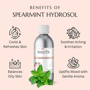 Spearmint hydrosol bottle with benefits listed on a pink background
