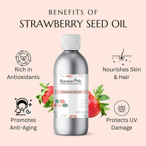 Bottle of Raasa Oils Strawberry Seed Oil with benefits listed on a pink background