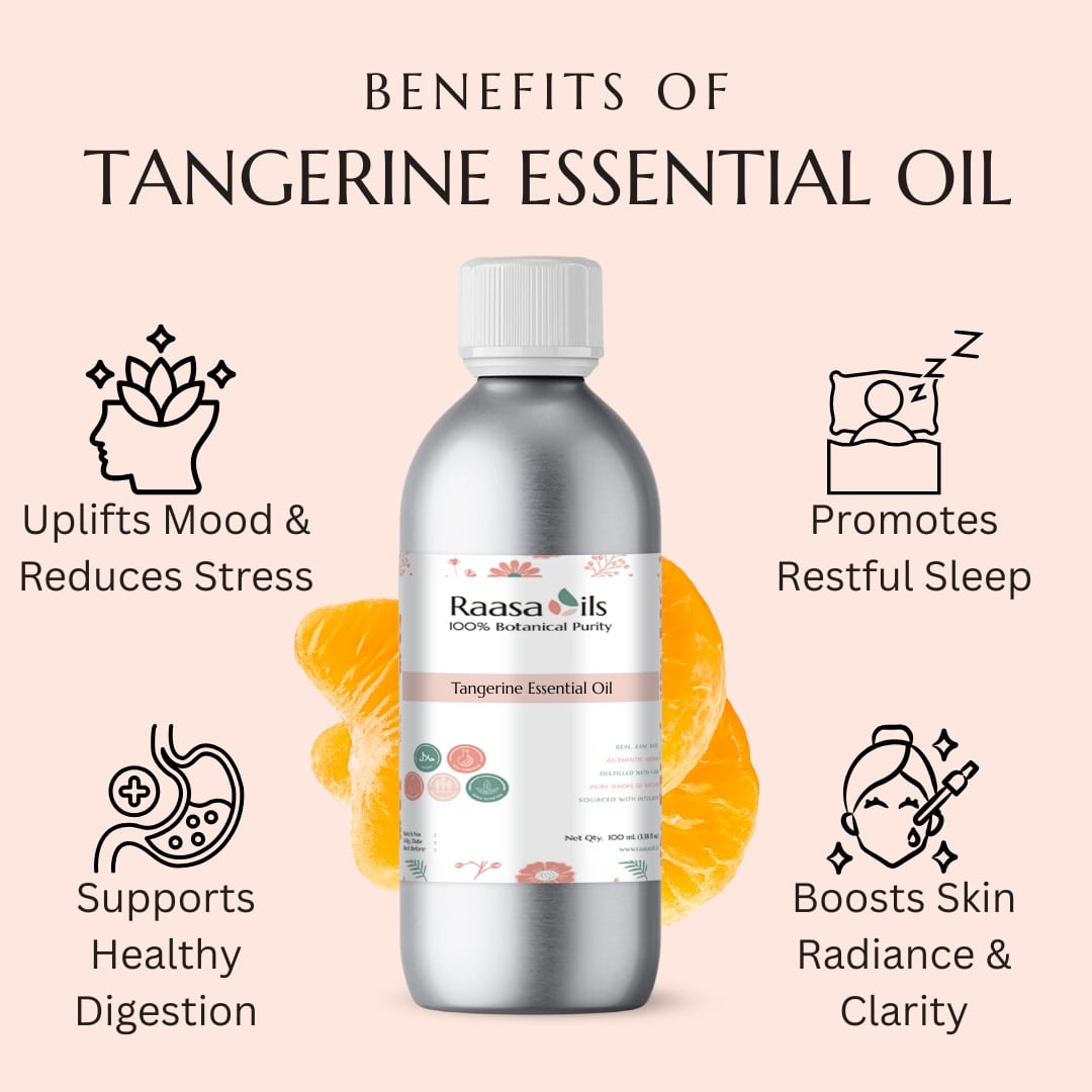Bottle of tangerine essential oil with benefits listed on a pink background