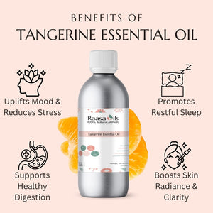 Bottle of tangerine essential oil with benefits listed on a pink background