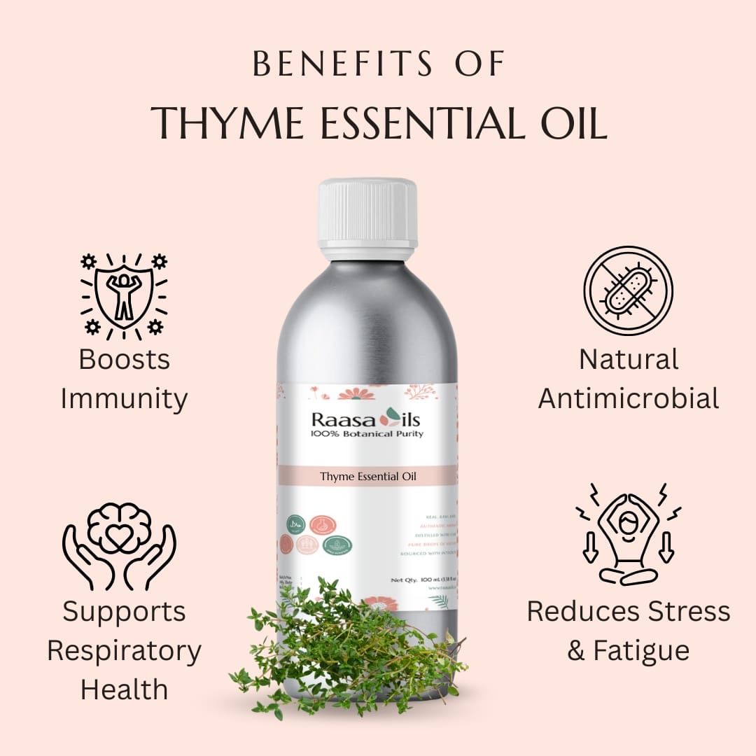 Raasa Oils thyme essential oil bottle with benefits listed on a light pink background
