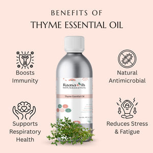 Raasa Oils thyme essential oil bottle with benefits listed on a light pink background