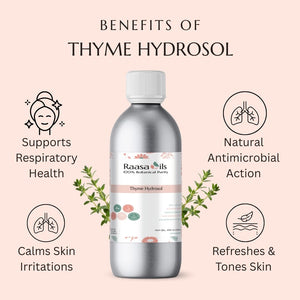 Raasa Oils Thyme Hydrosol bottle with benefits listed on a pink background