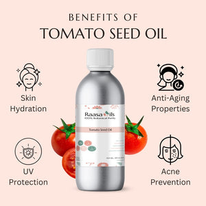 Bottle of Raasa Oils Tomato Seed Oil with benefits listed on a pink background