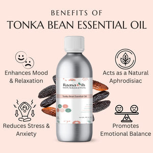 Bottle of Tonka Bean Essential Oil with benefits listed on a pink background