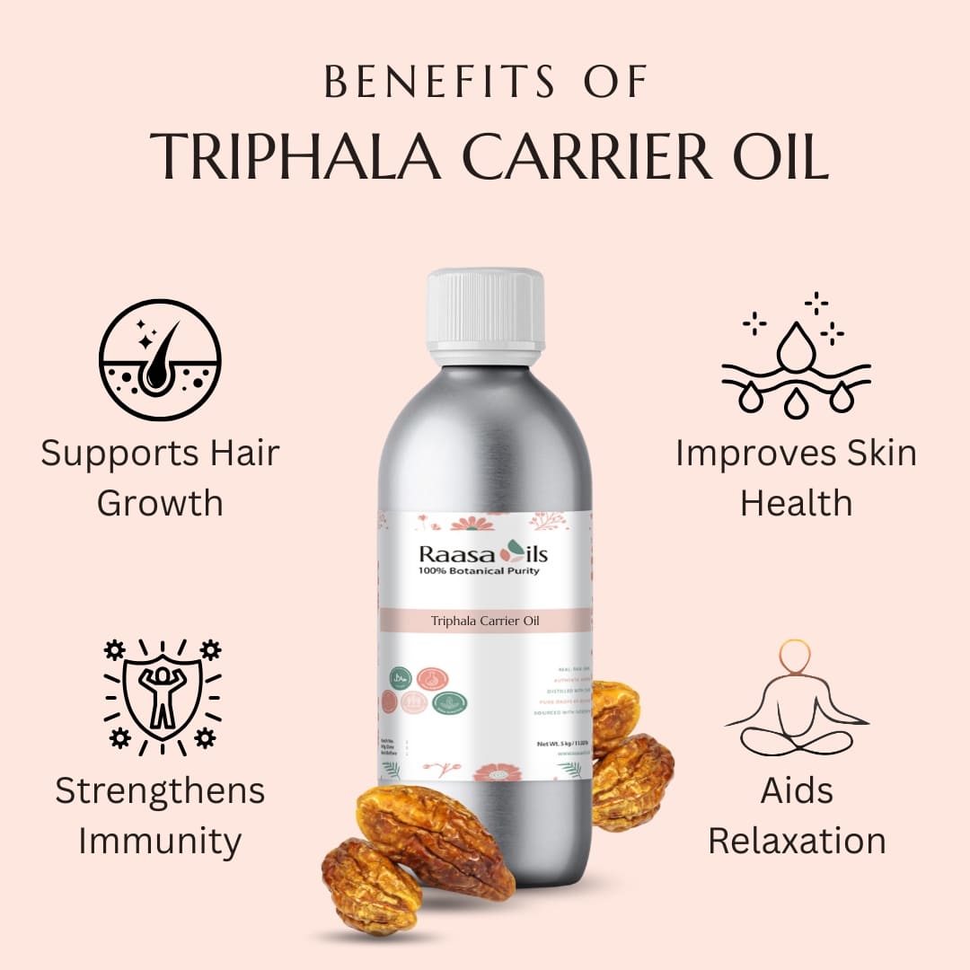 Triphala carrier oil bottle with benefits listed on a pink background