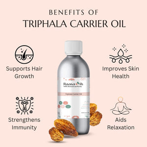 Triphala carrier oil bottle with benefits listed on a pink background