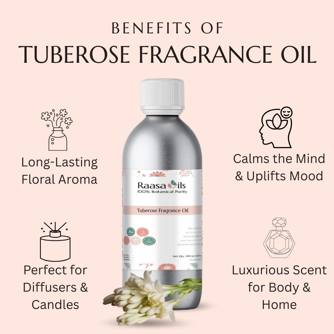 Raasa Oils Tuberose Fragrance Oil bottle with benefits listed on a pink background