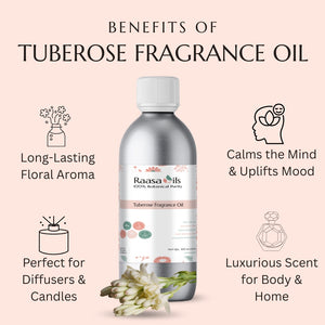 Raasa Oils Tuberose Fragrance Oil bottle with benefits listed on a pink background