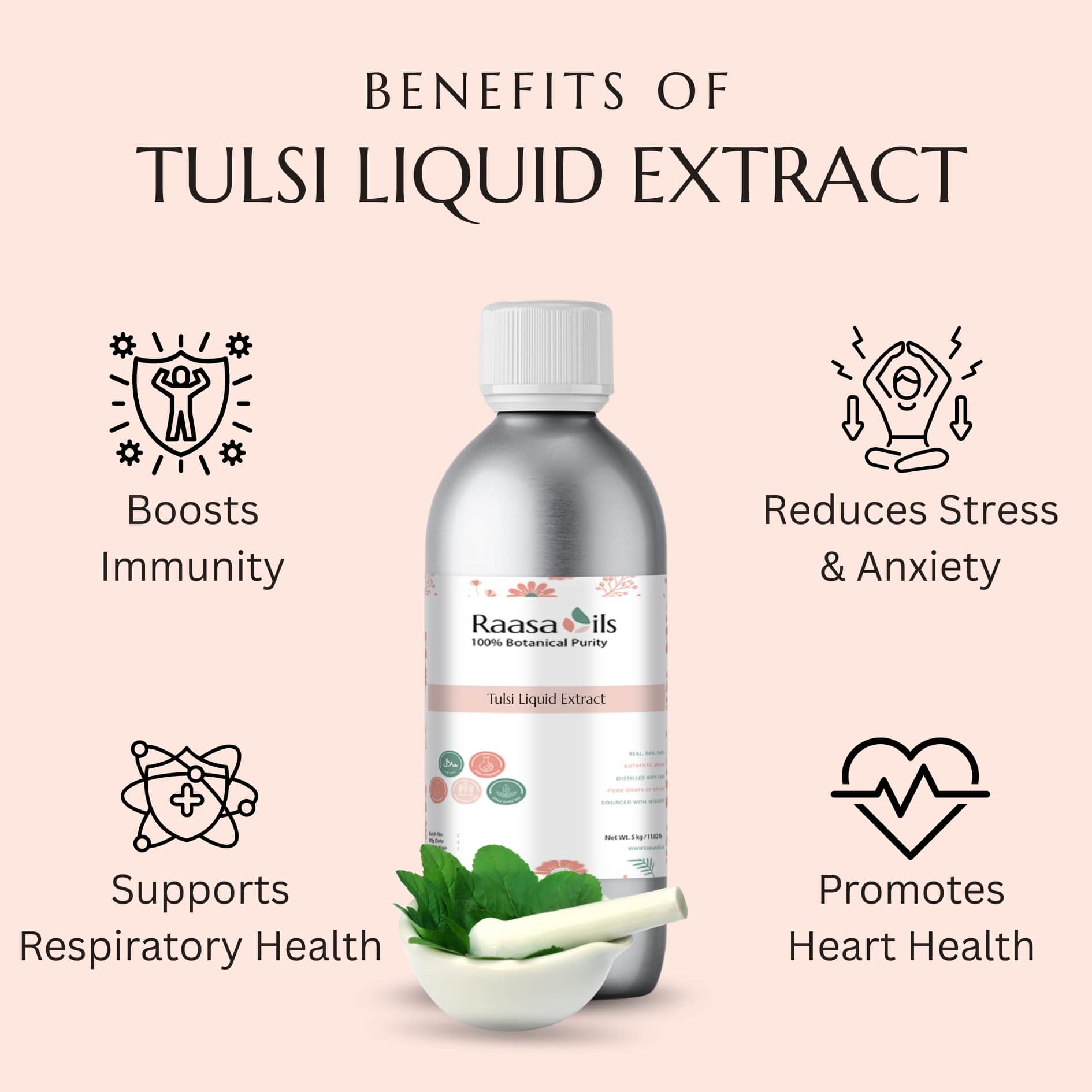 Raasa Tulsi Liquid Extract bottle with benefits listed on a pink background
