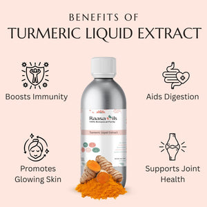 Turmeric liquid extract bottle with benefits listed on a pink background
