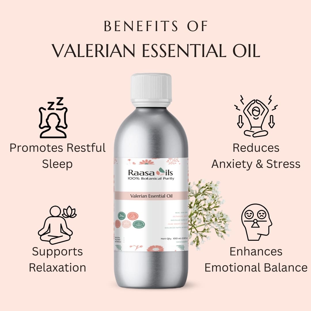 Raasa Oils Valerian Essential Oil bottle with benefits listed on a pink background