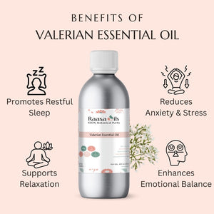 Raasa Oils Valerian Essential Oil bottle with benefits listed on a pink background