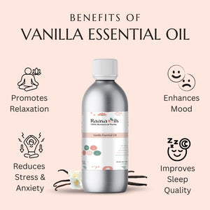Bottle of Raasa Oils Vanilla Essential Oil with benefits listed on a pink background