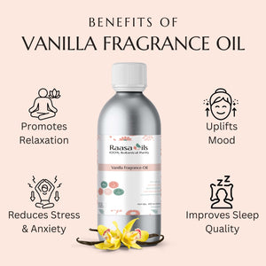 Raasa Oils vanilla fragrance oil bottle with benefits listed on a beige background