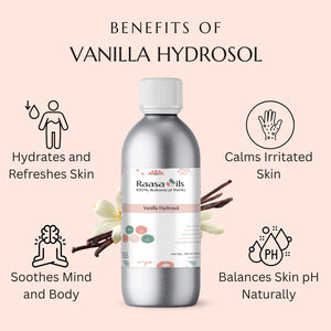 Bottle of Raasa Oils Vanilla Hydrosol with benefits listed on a pink background