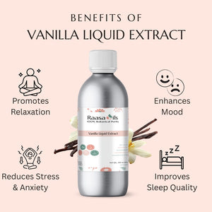 Bottle of Raasa Oils Vanilla Liquid Extract with benefits listed on a pink background