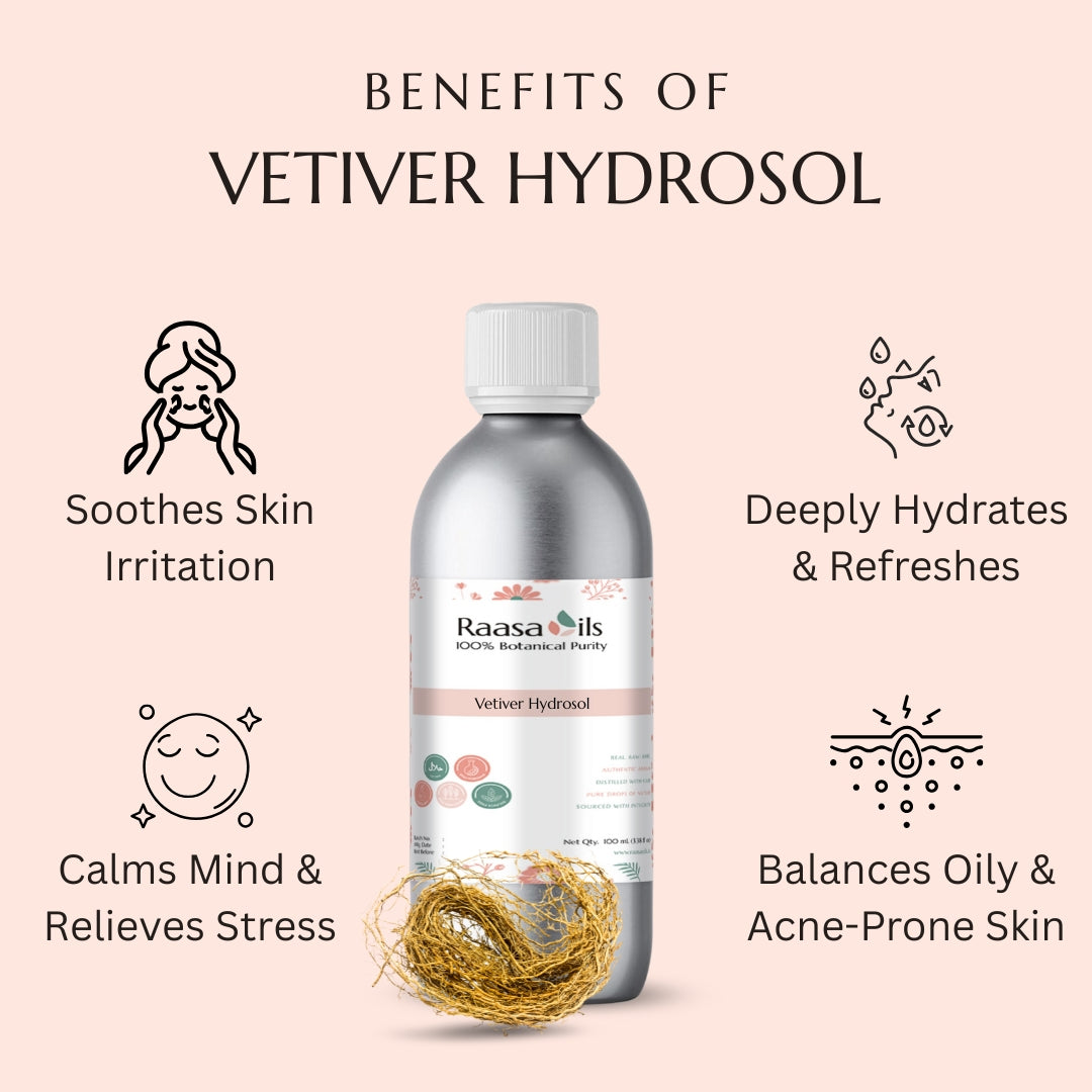 Bottle of Raasa Oils Vetiver Hydrosol with benefits listed on a pink background
